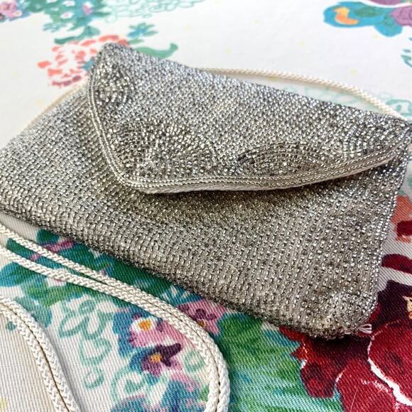 Vintage Andre Cellini Silver Beaded purse with Satin Rope Strap - Picture 1 of 16
